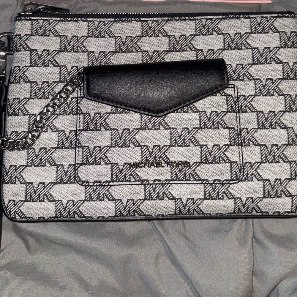 Michael Kors Black and White Logo Chain-Accent Crossbody Pouch